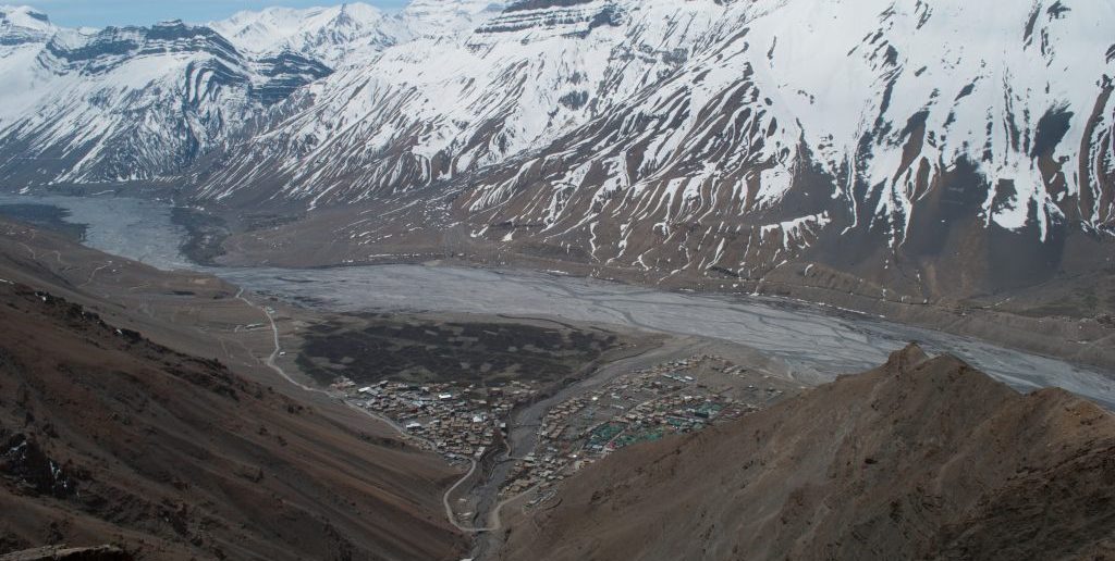 An aerial view of Kaza on an overcast day