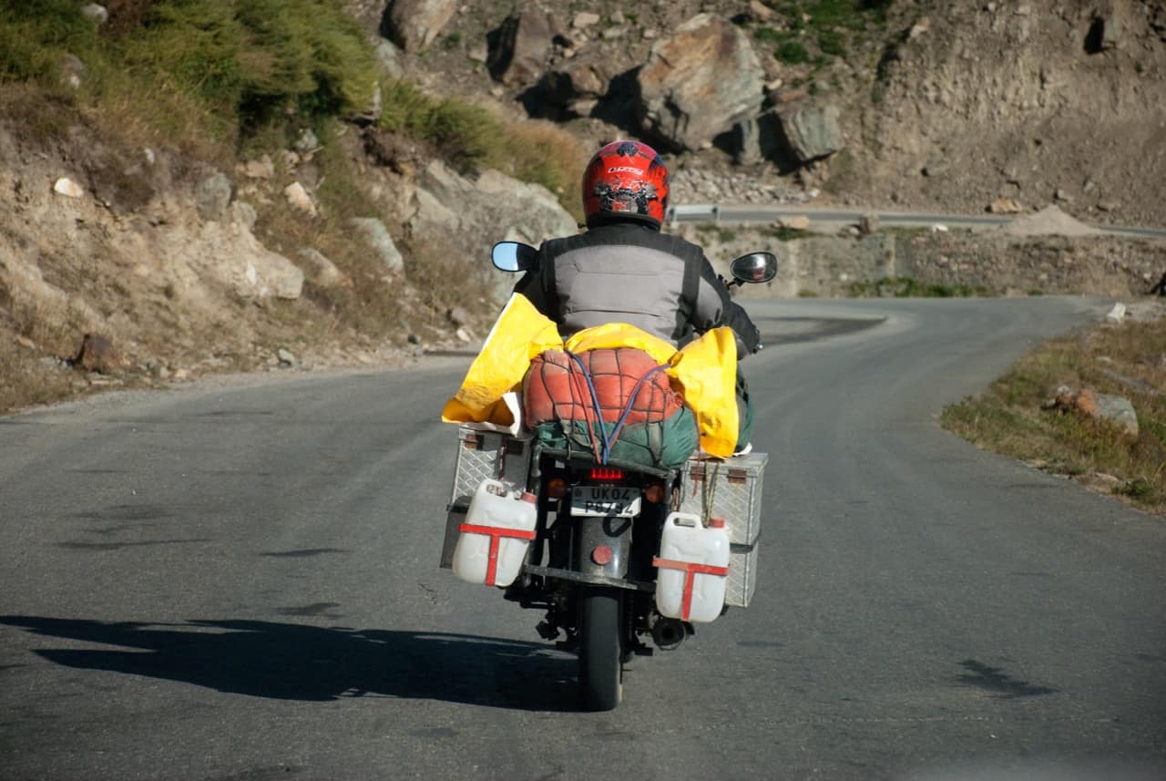 Bike Carrying Spare Fuel on Manali Leh Highway