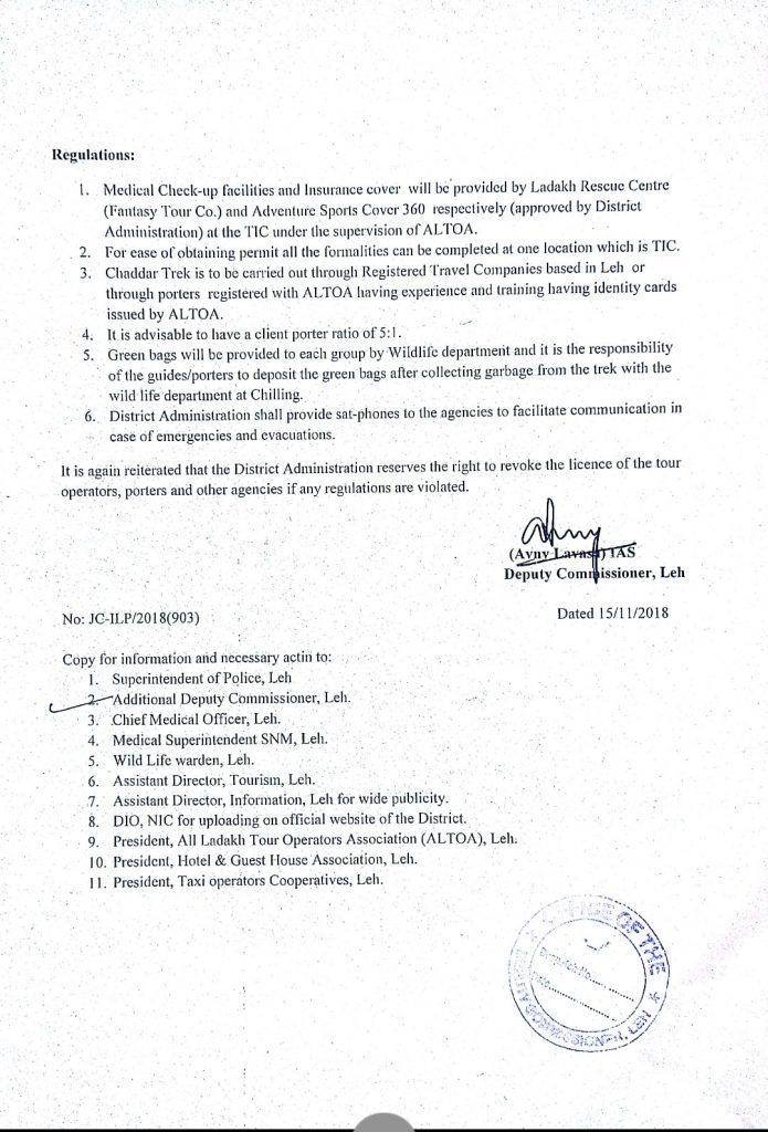 Leh DC Order - Rules & Procedure to be followed for Chadar Trek