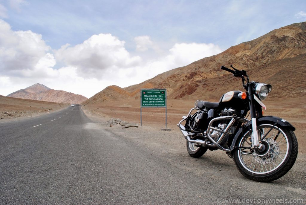 The ride parked at Magnetic Hill in Ladakh