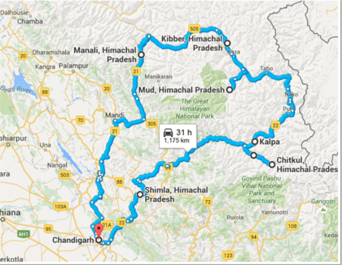 Route Map for this Shared Group Tour of Spiti Valley