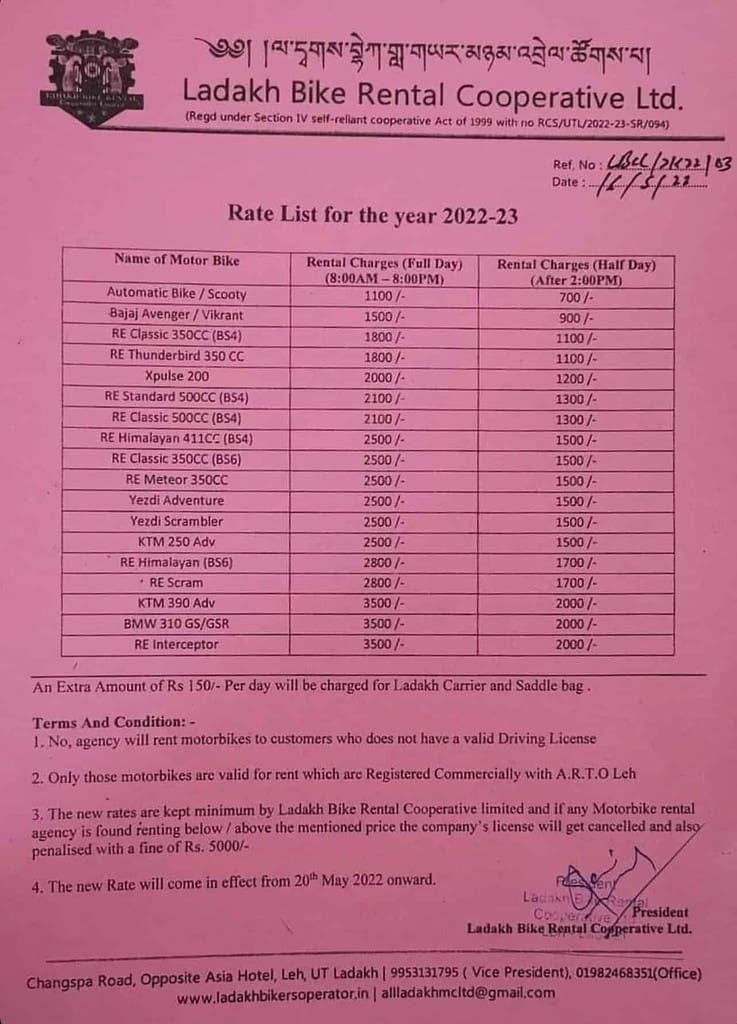 Leh Ladakh Velocipede Rentals Rates 2022-23