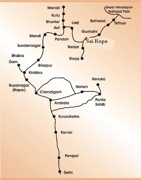 Delhi to Tirthan Valley Map
